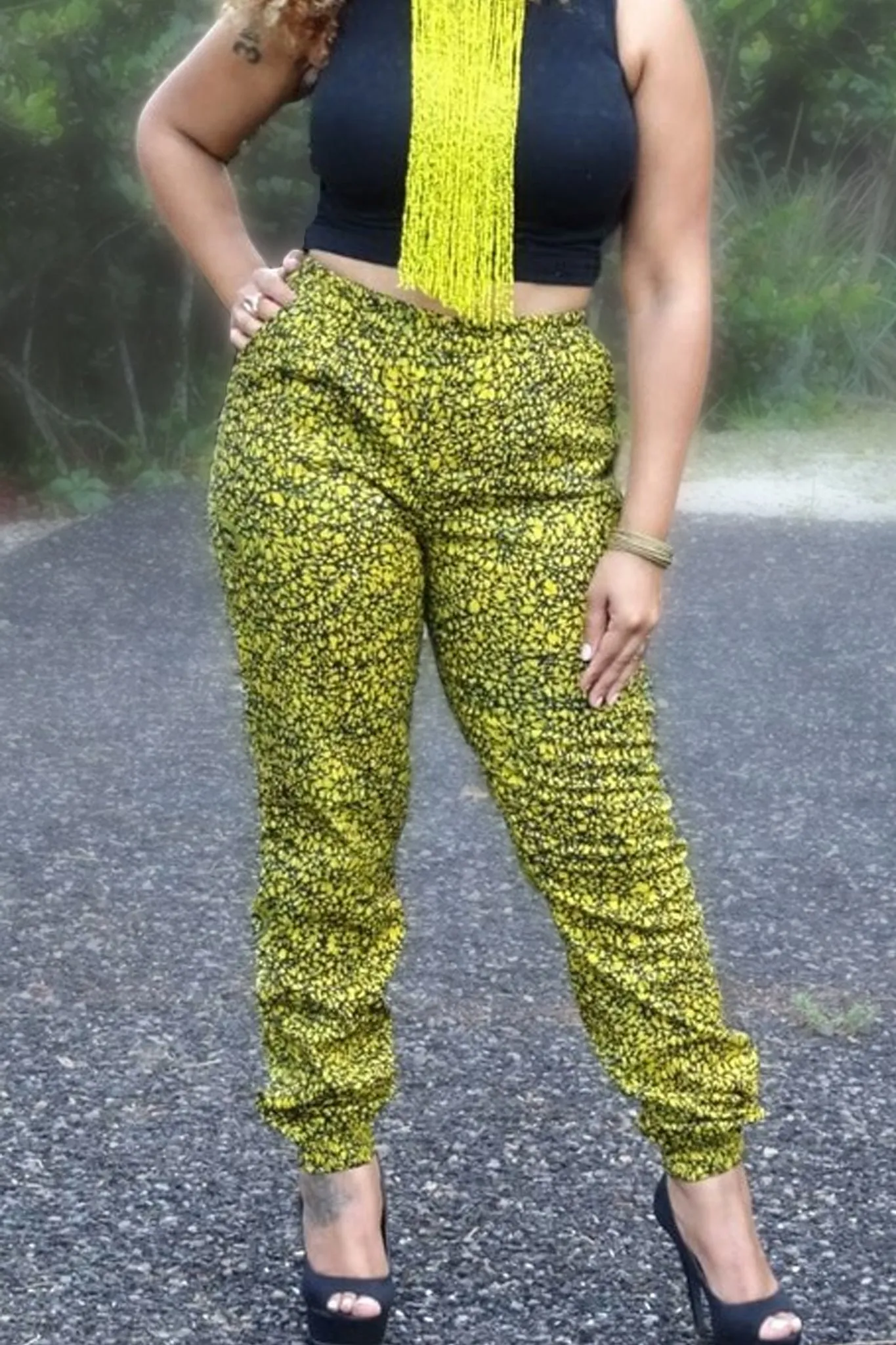 African Print Jogger pants - Yellow/Black Fern Print