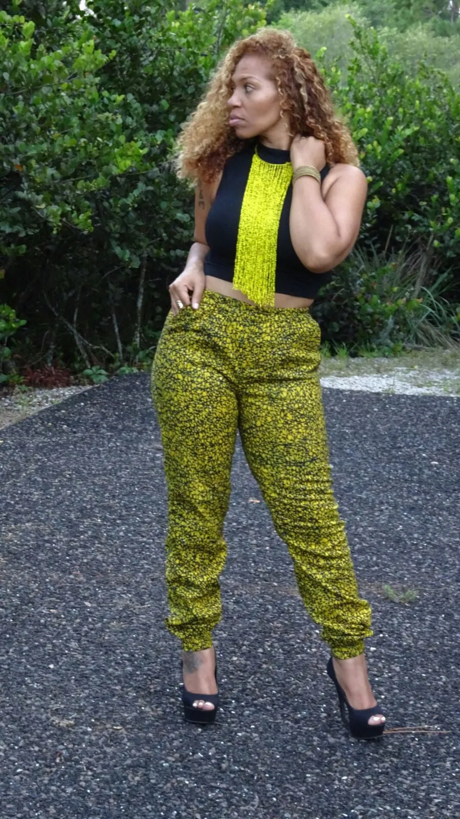 African Print Jogger pants - Yellow/Black Fern Print