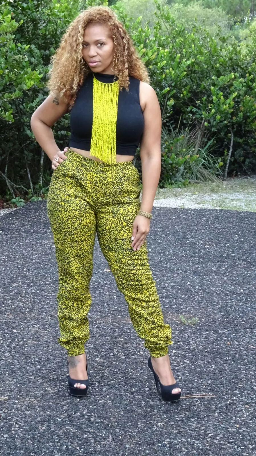 African Print Jogger pants - Yellow/Black Fern Print