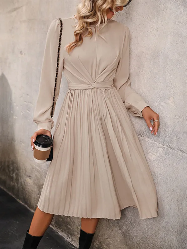 Autumn Essential: Crew Neck Midi Dress with Pleated Skirt