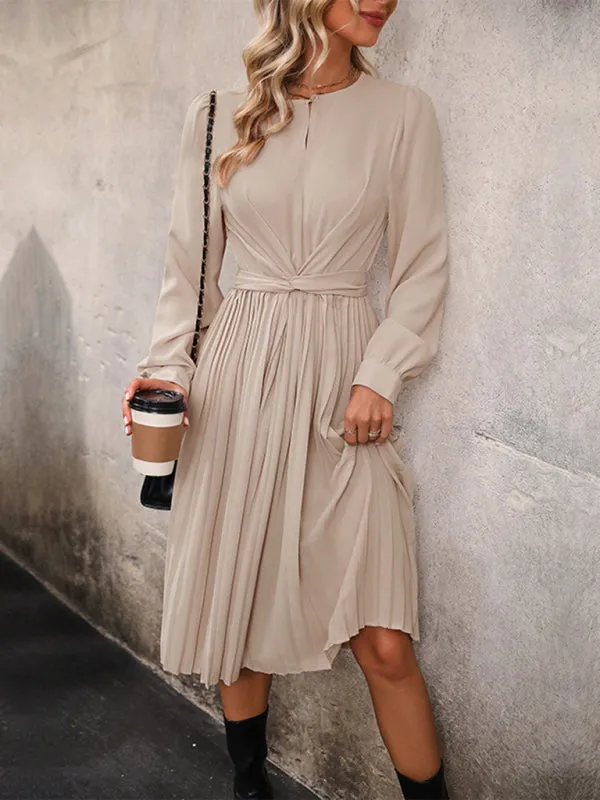 Autumn Essential: Crew Neck Midi Dress with Pleated Skirt