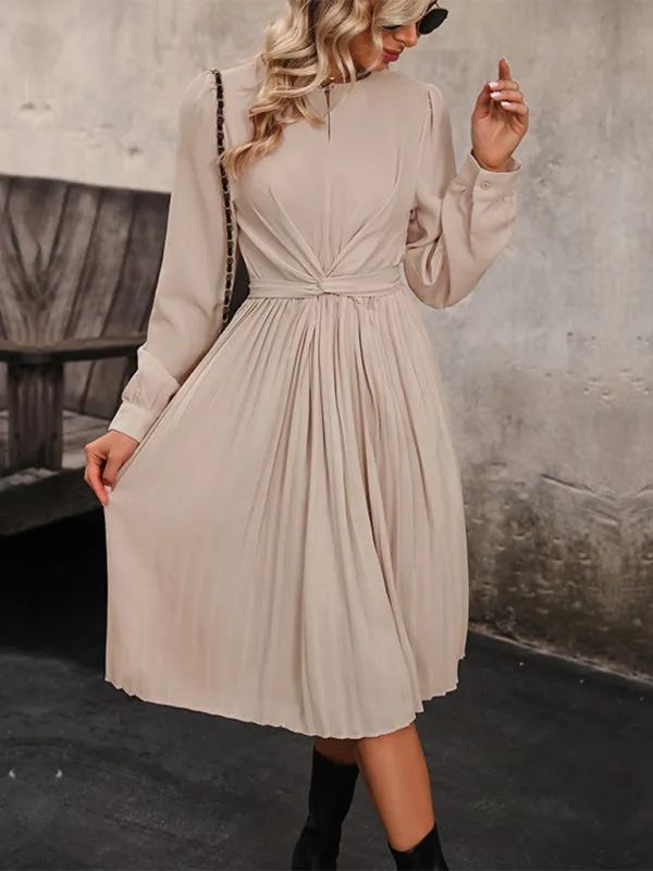 Autumn Essential: Crew Neck Midi Dress with Pleated Skirt