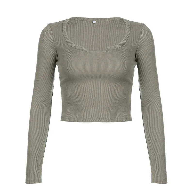 Casual Solid Skinny Crop Long Sleeve Tee
