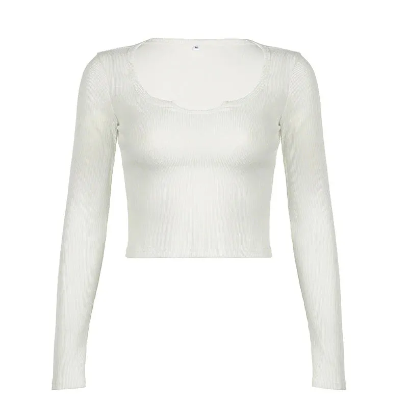 Casual Solid Skinny Crop Long Sleeve Tee