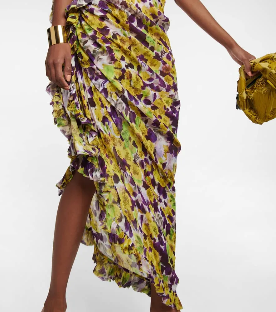 Dries Van Noten Ruffle-trimmed floral satin midi dress