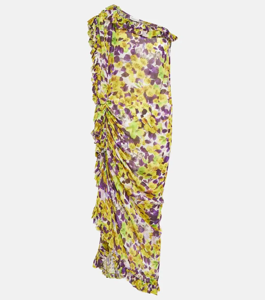 Dries Van Noten Ruffle-trimmed floral satin midi dress