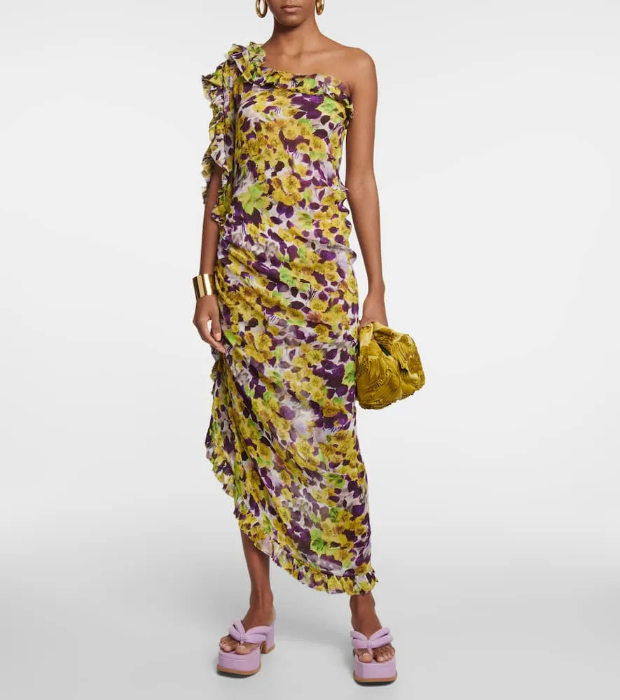 Dries Van Noten Ruffle-trimmed floral satin midi dress