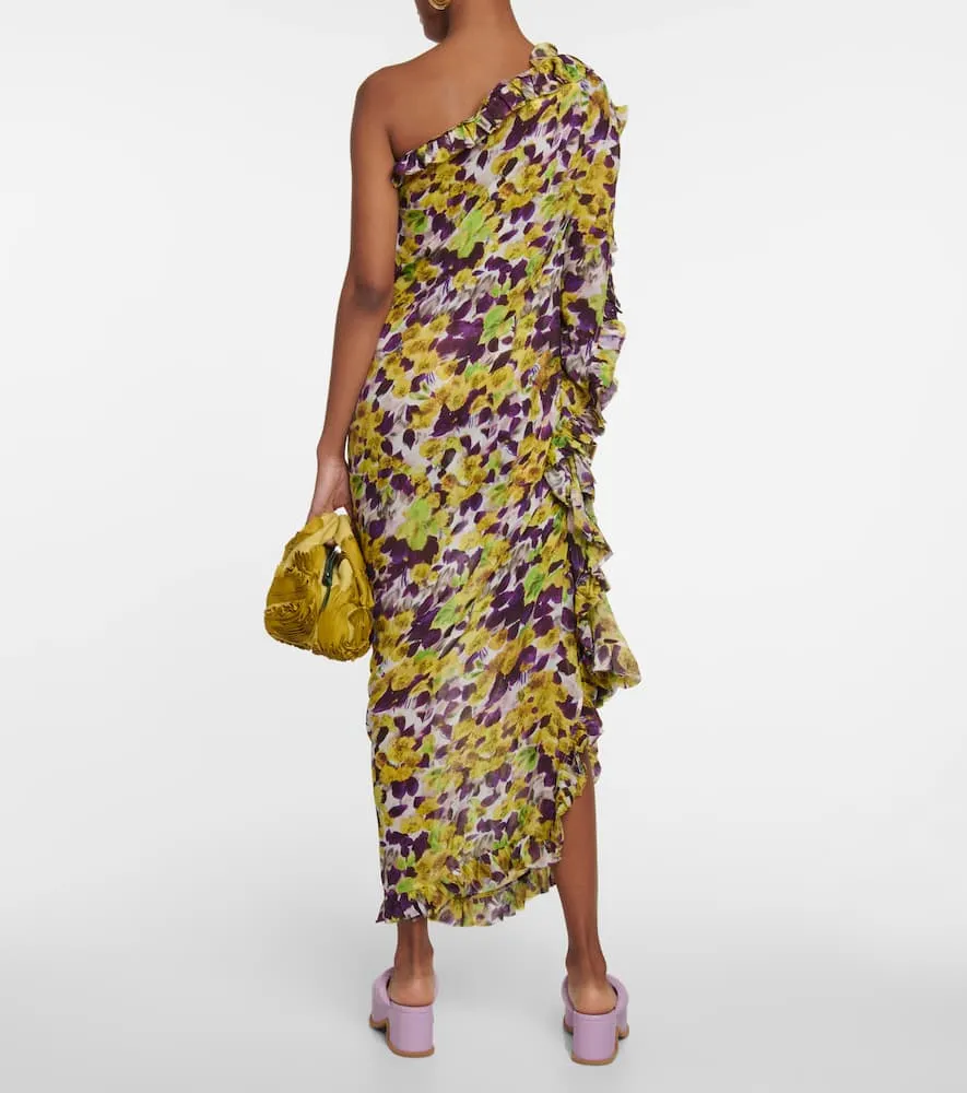 Dries Van Noten Ruffle-trimmed floral satin midi dress