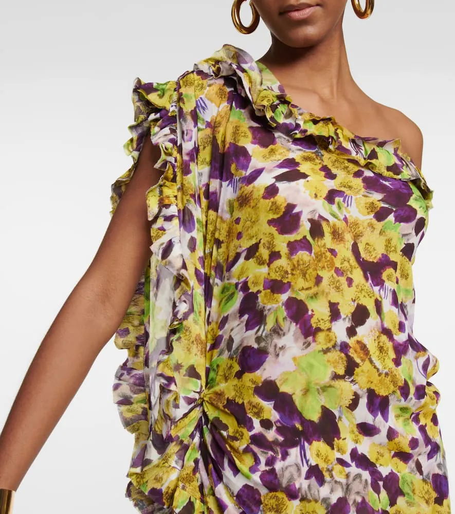 Dries Van Noten Ruffle-trimmed floral satin midi dress