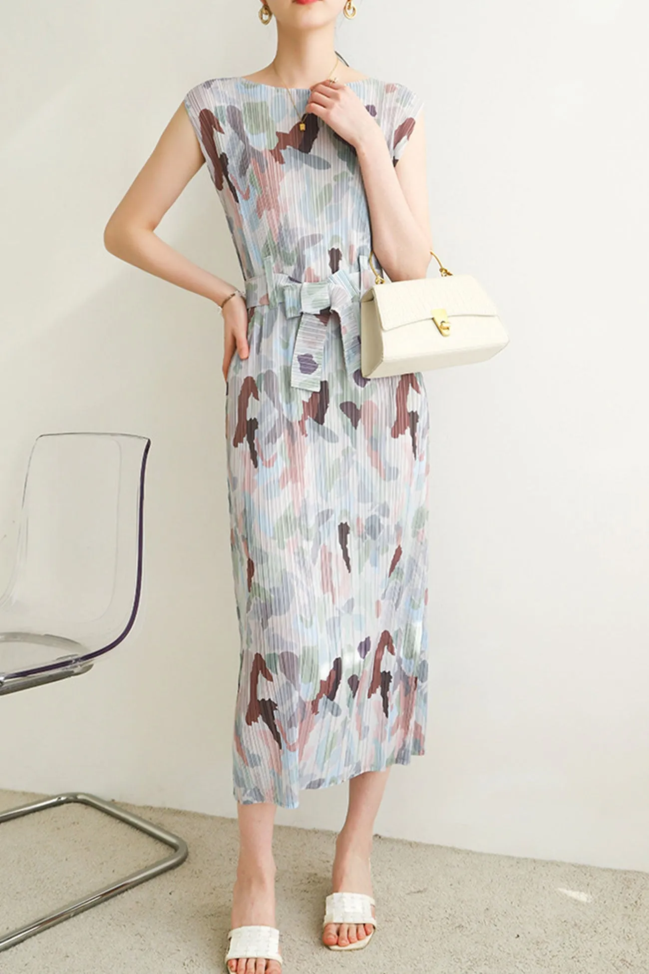 Full Pleated Printed Back Slit Dress