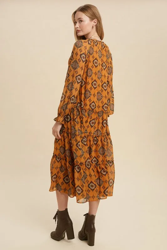 Goldenrod Tie Mock Neck Tiered Midi Dress