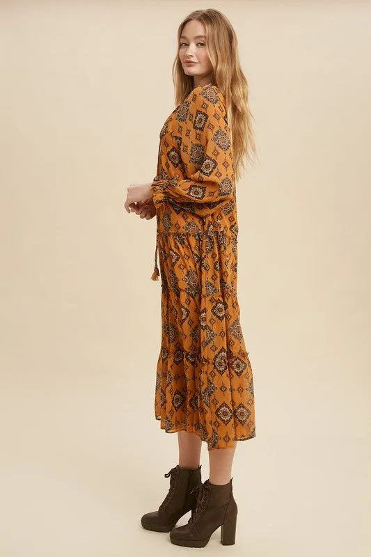 Goldenrod Tie Mock Neck Tiered Midi Dress