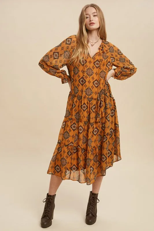 Goldenrod Tie Mock Neck Tiered Midi Dress