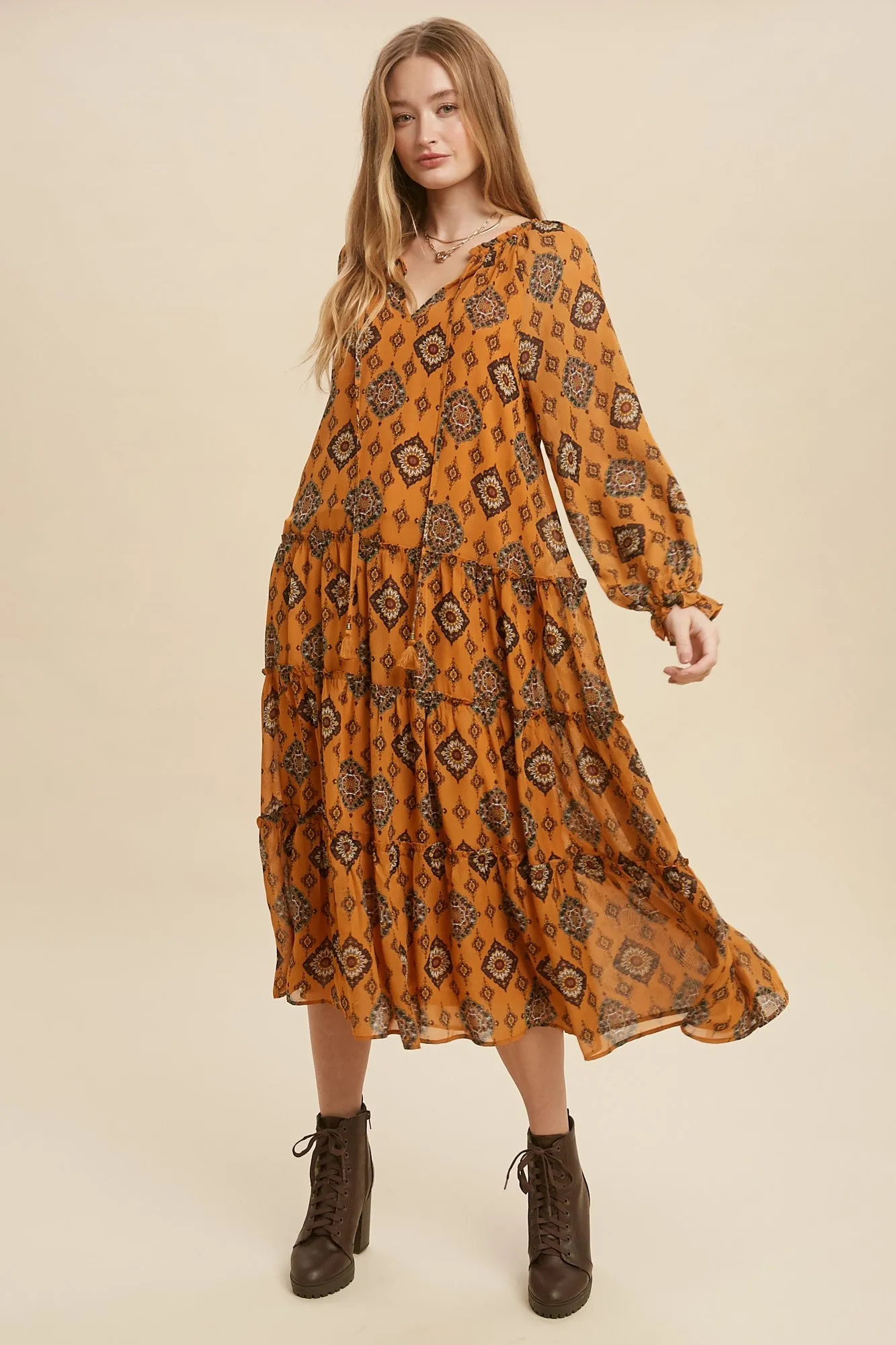 Goldenrod Tie Mock Neck Tiered Midi Dress