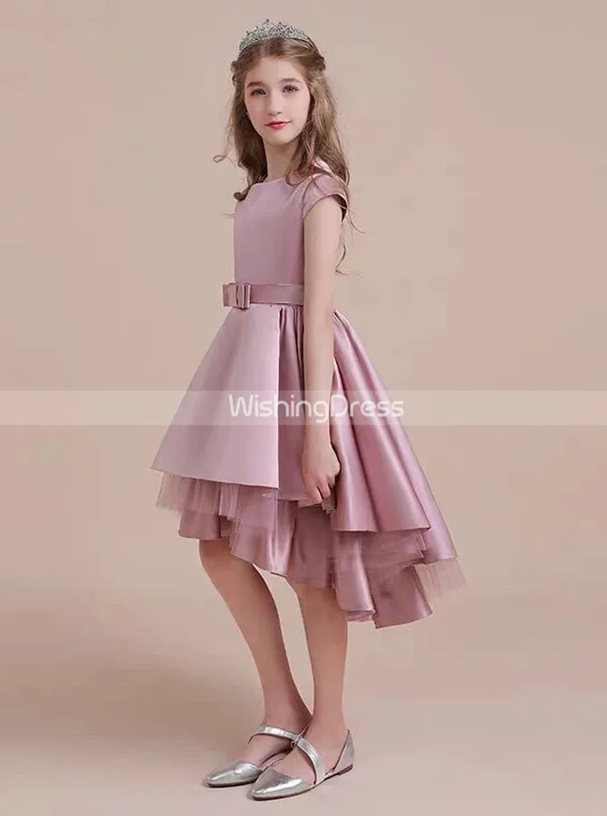 High Low Satin Junior Bridesmaid Dresses,Pink Little Girls Birthday Party Dress,JB00079