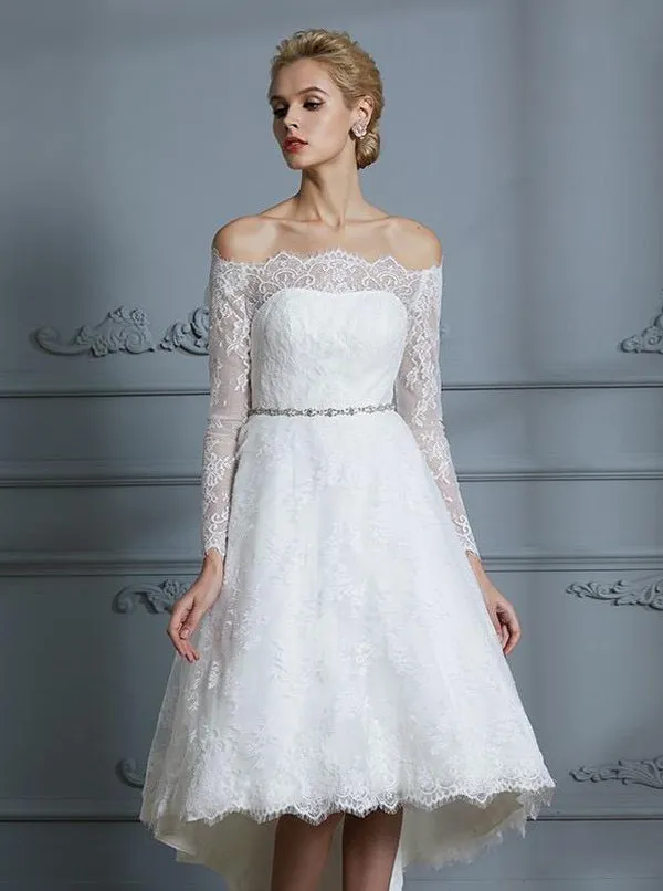High Low Wedding Dresses,Beach Wedding Dress,Lace Wedding Dress with Long Sleeves,WD00246