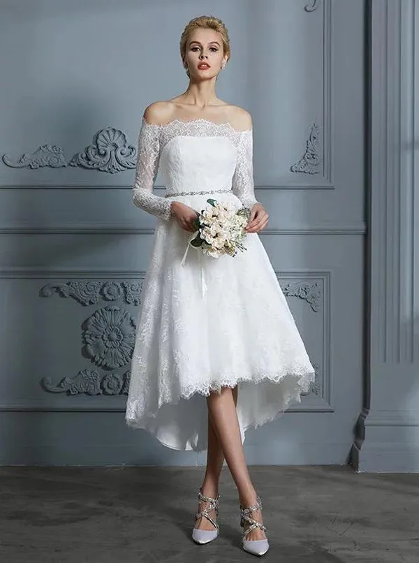 High Low Wedding Dresses,Beach Wedding Dress,Lace Wedding Dress with Long Sleeves,WD00246