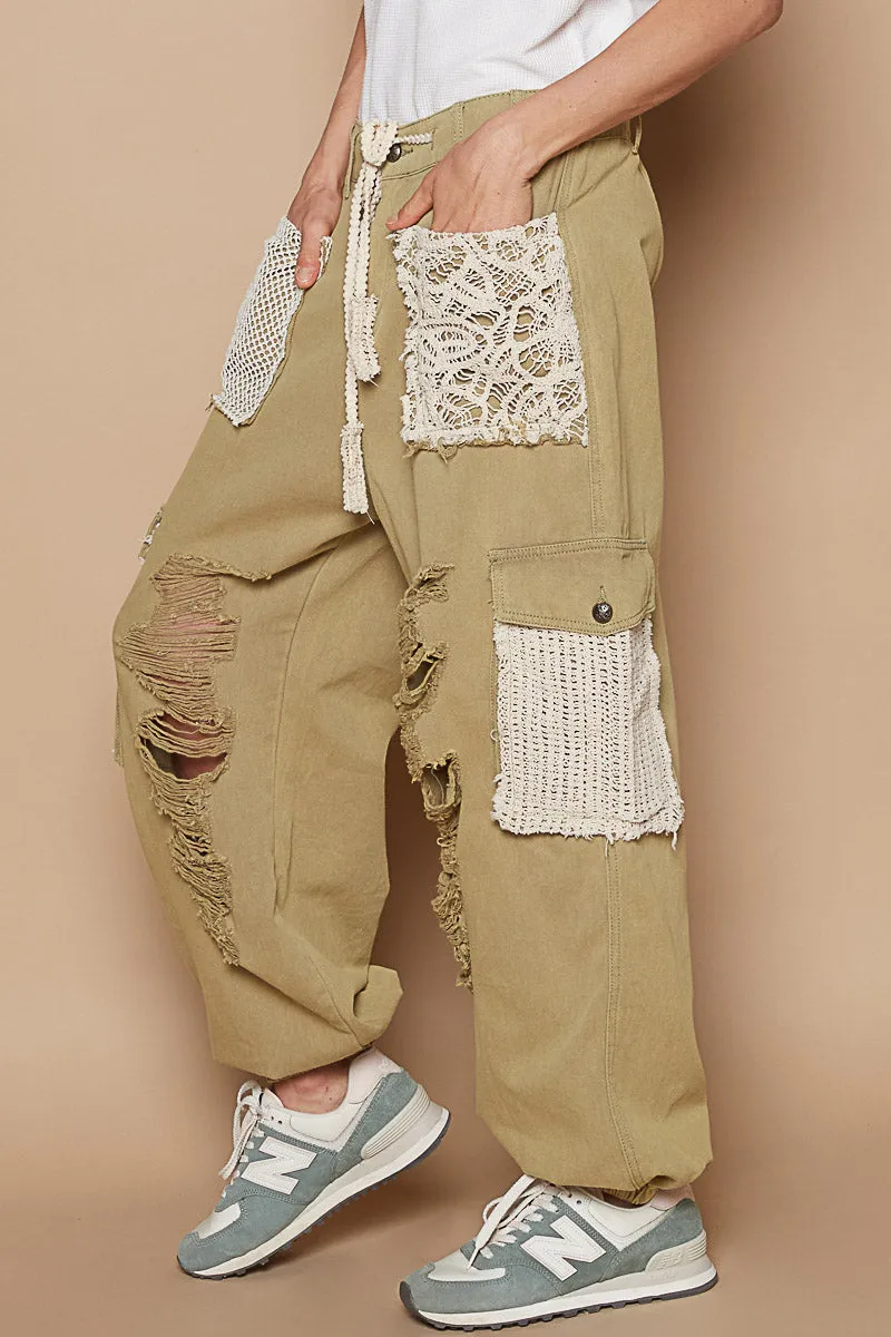 POL Olive Distressed Patchwork Joggers
