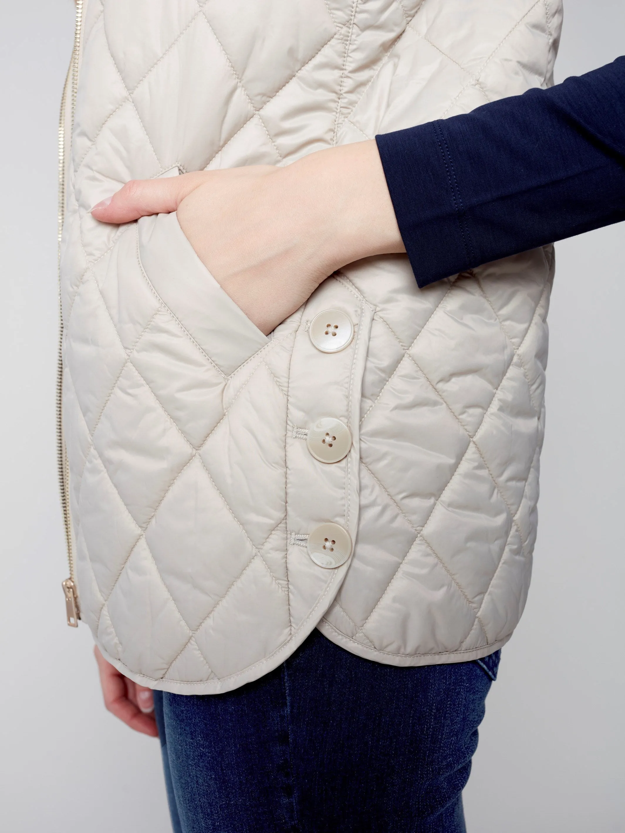 Quilted Puffer Vest with Hood - Almond