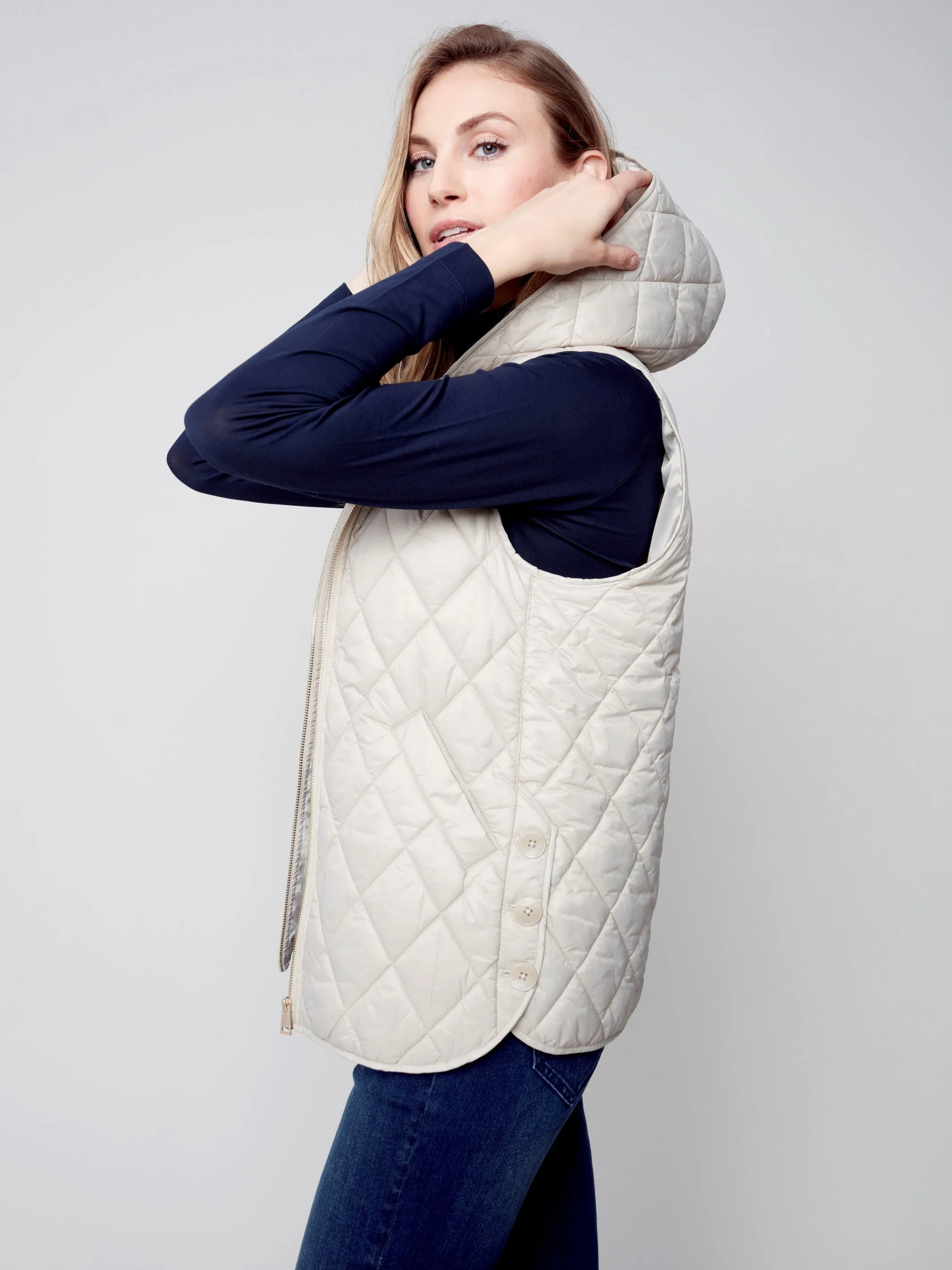 Quilted Puffer Vest with Hood - Almond
