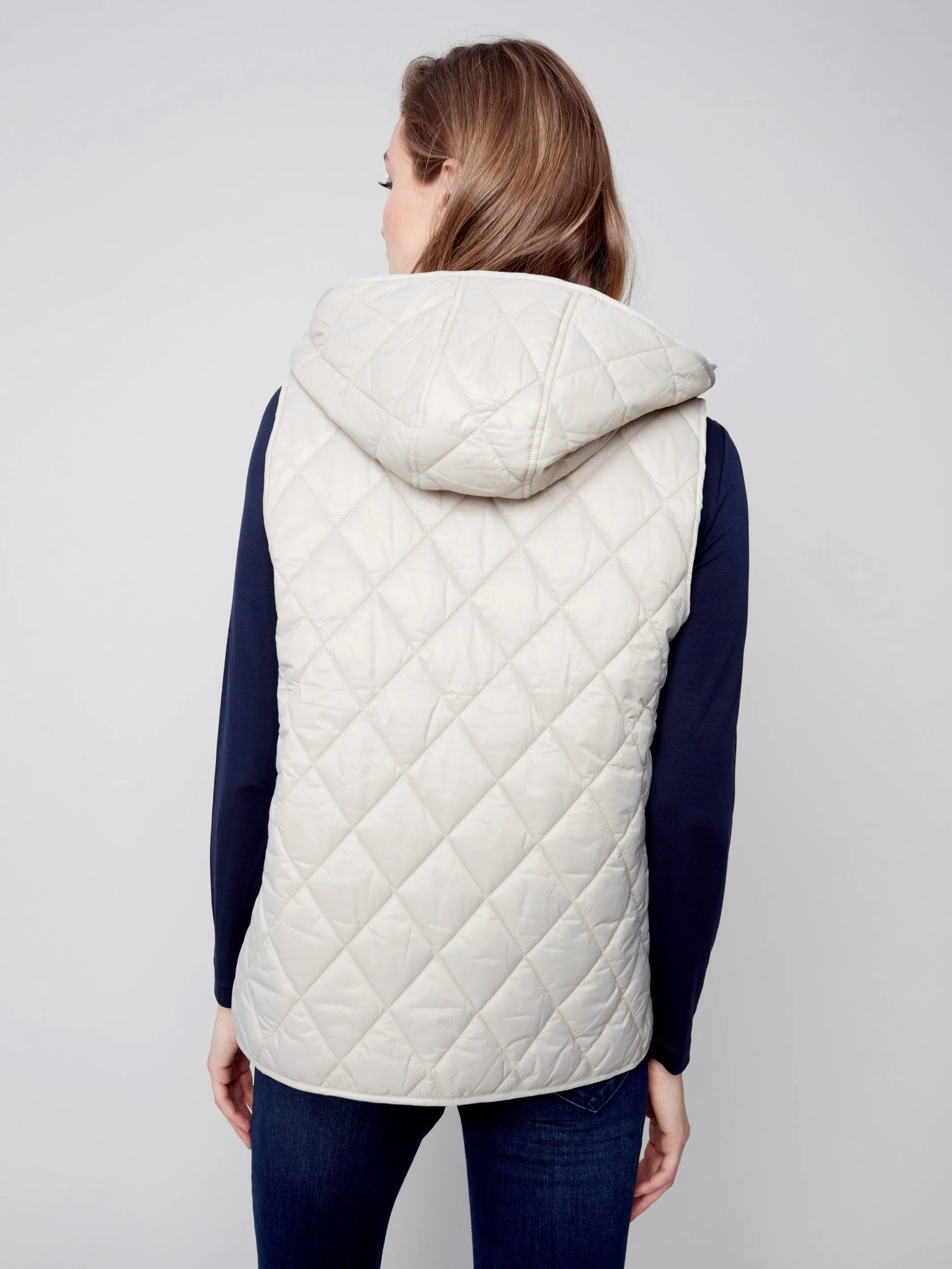 Quilted Puffer Vest with Hood - Almond