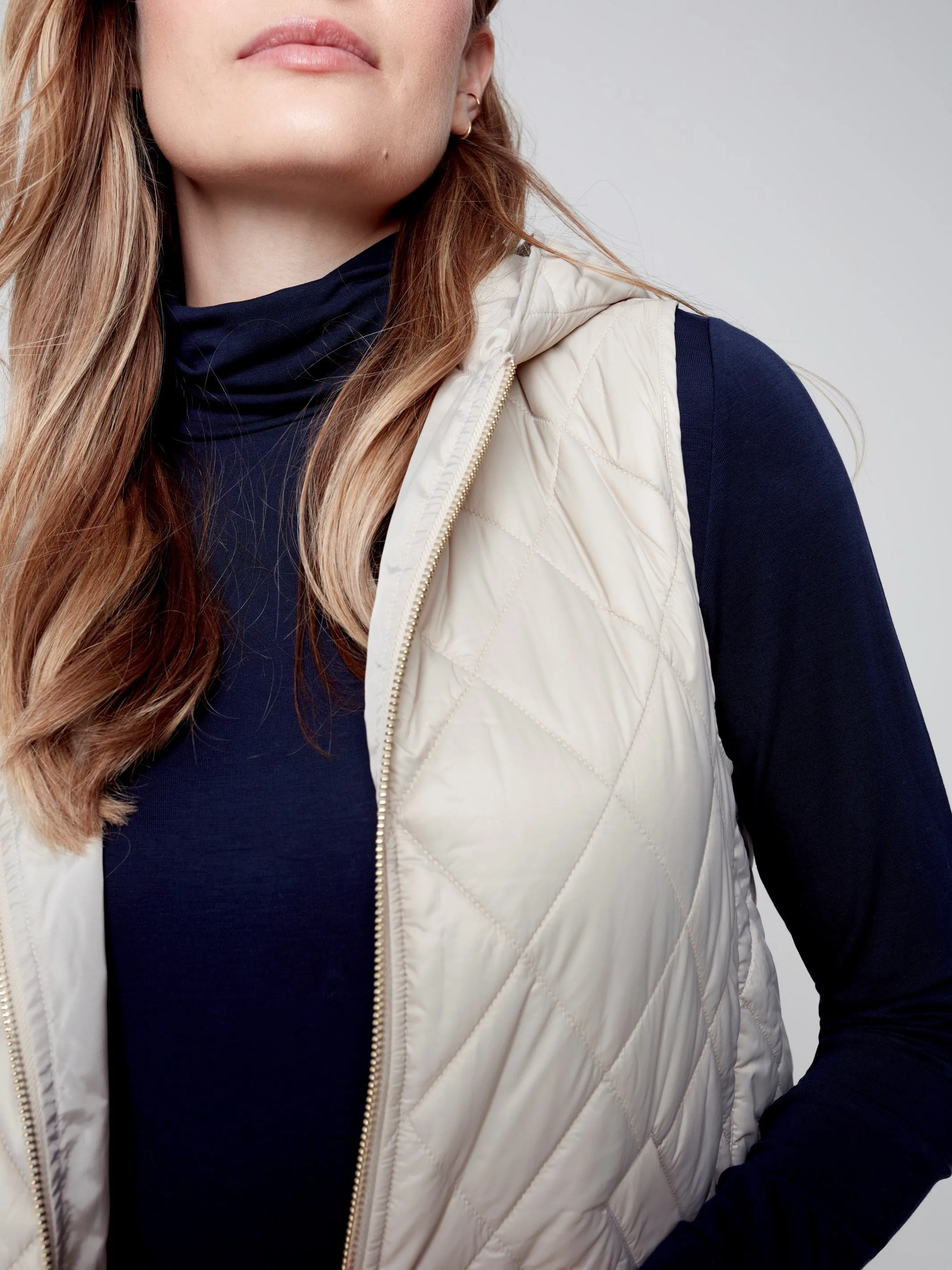 Quilted Puffer Vest with Hood - Almond
