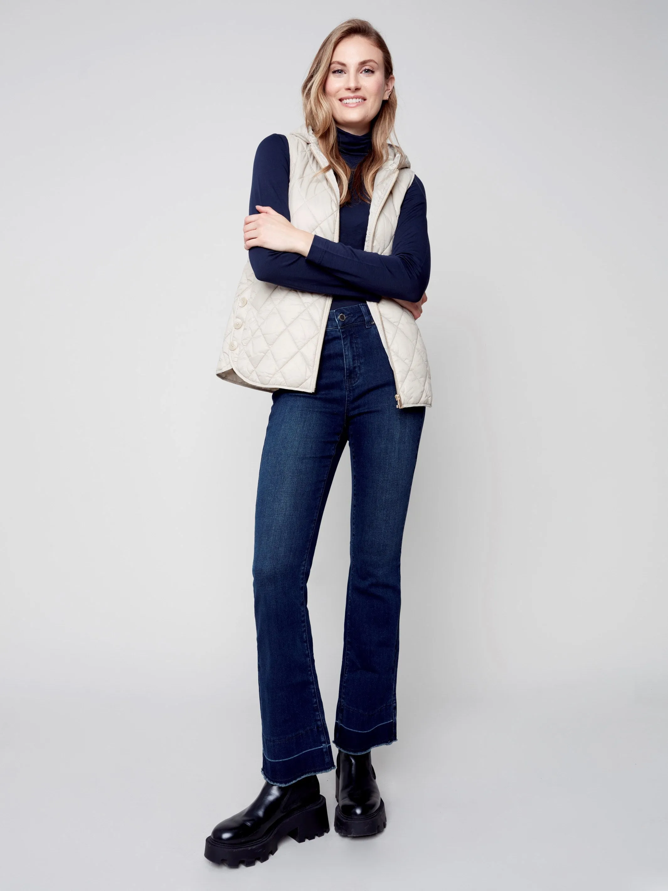 Quilted Puffer Vest with Hood - Almond