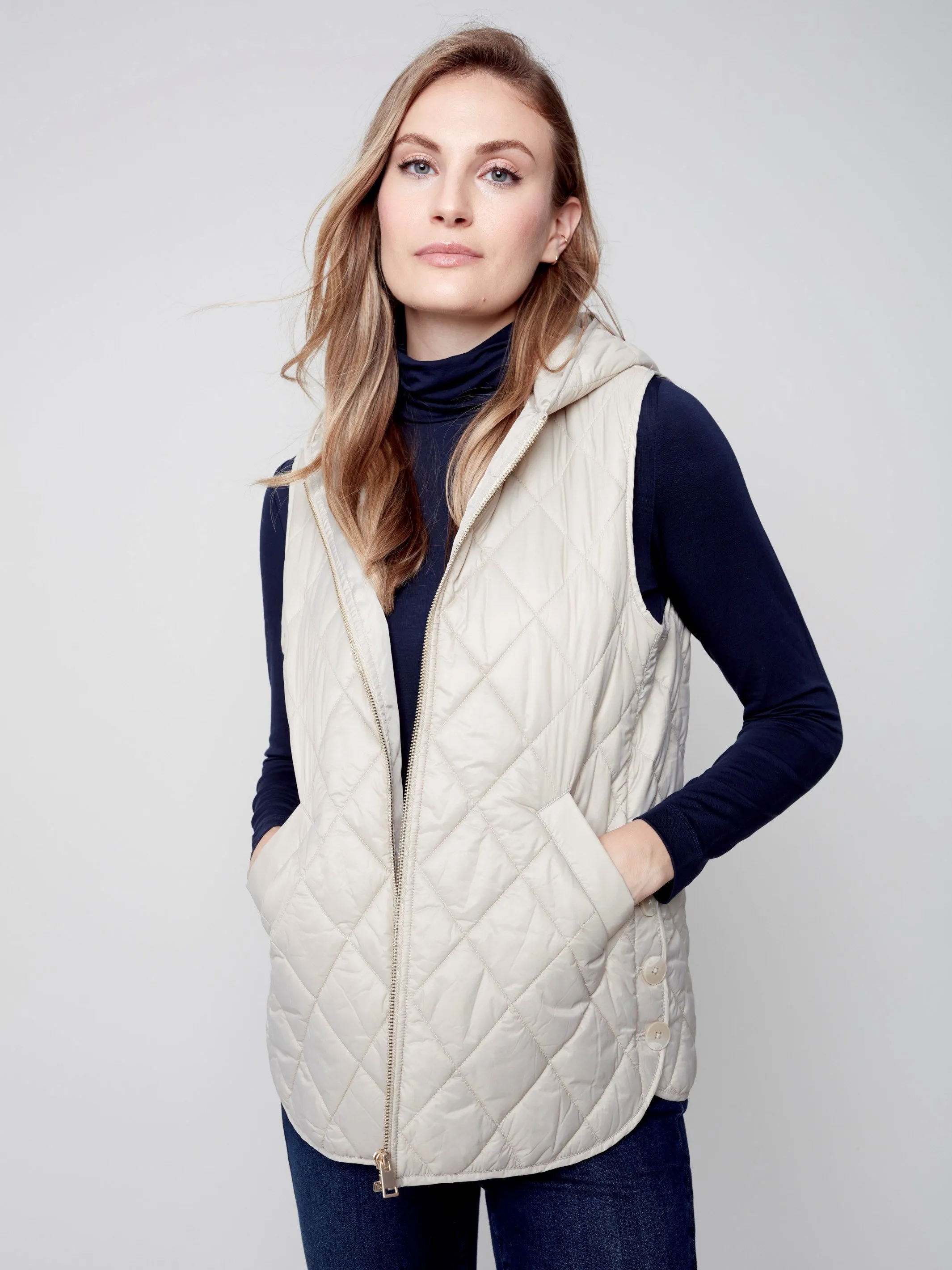 Quilted Puffer Vest with Hood - Almond