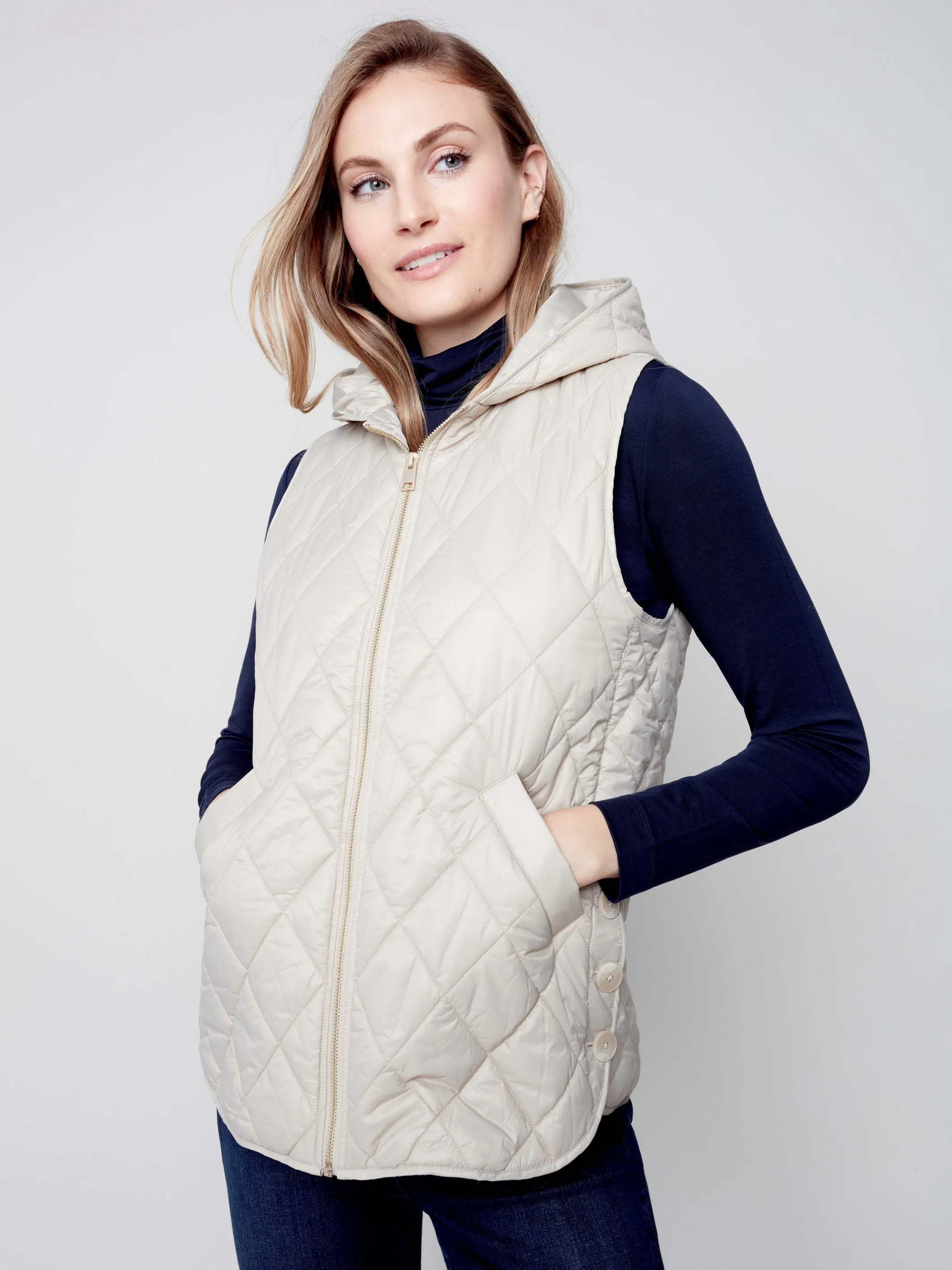 Quilted Puffer Vest with Hood - Almond