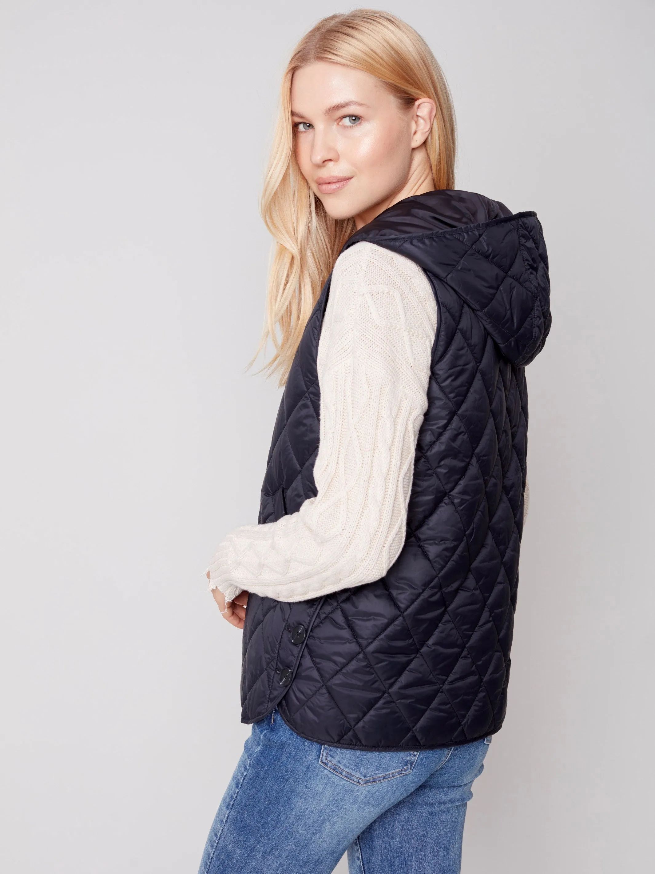 Quilted Puffer Vest with Hood - Black