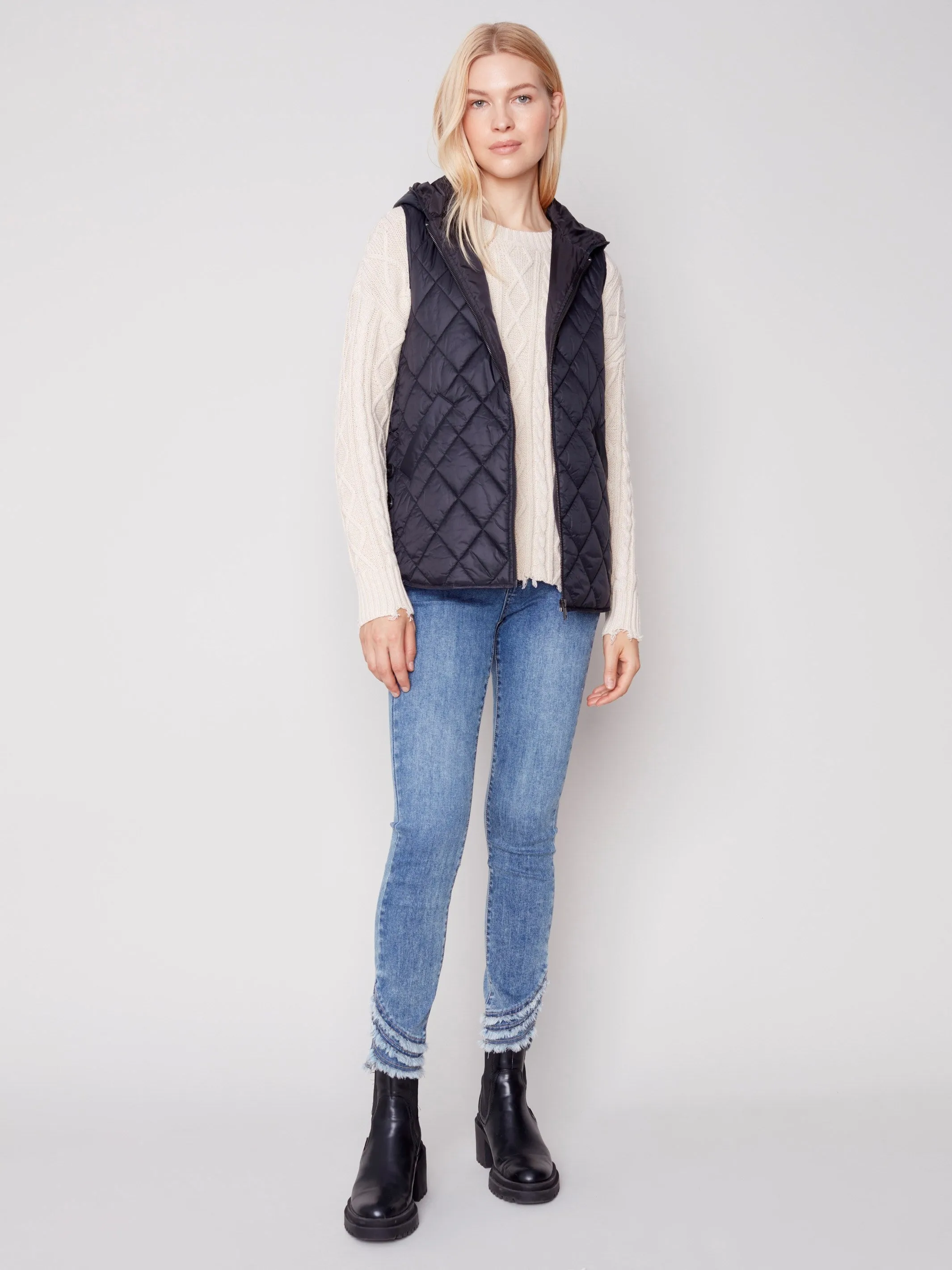 Quilted Puffer Vest with Hood - Black
