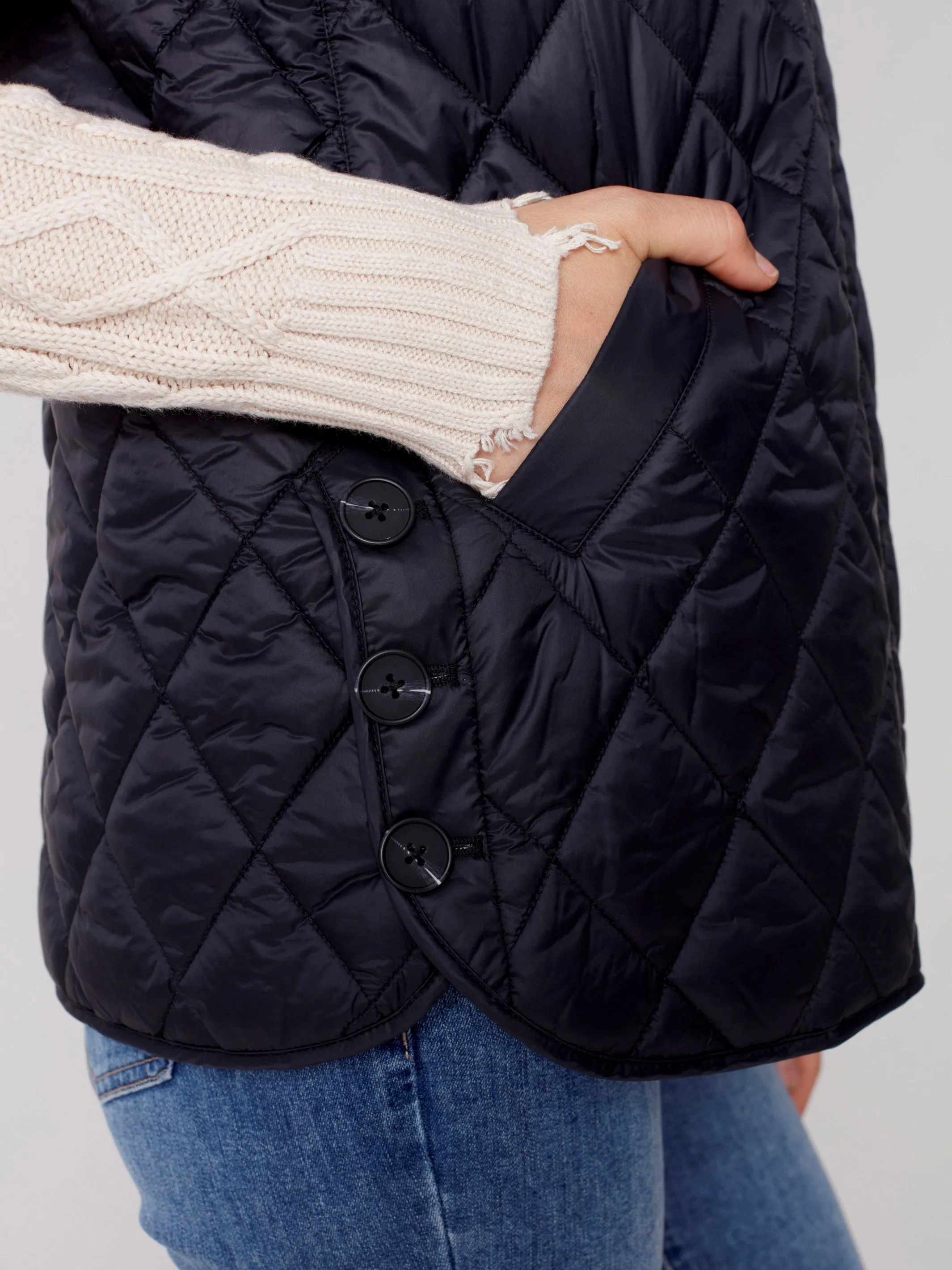 Quilted Puffer Vest with Hood - Black