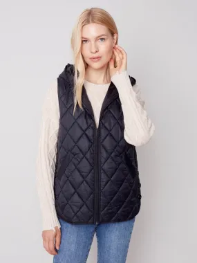 Quilted Puffer Vest with Hood - Black