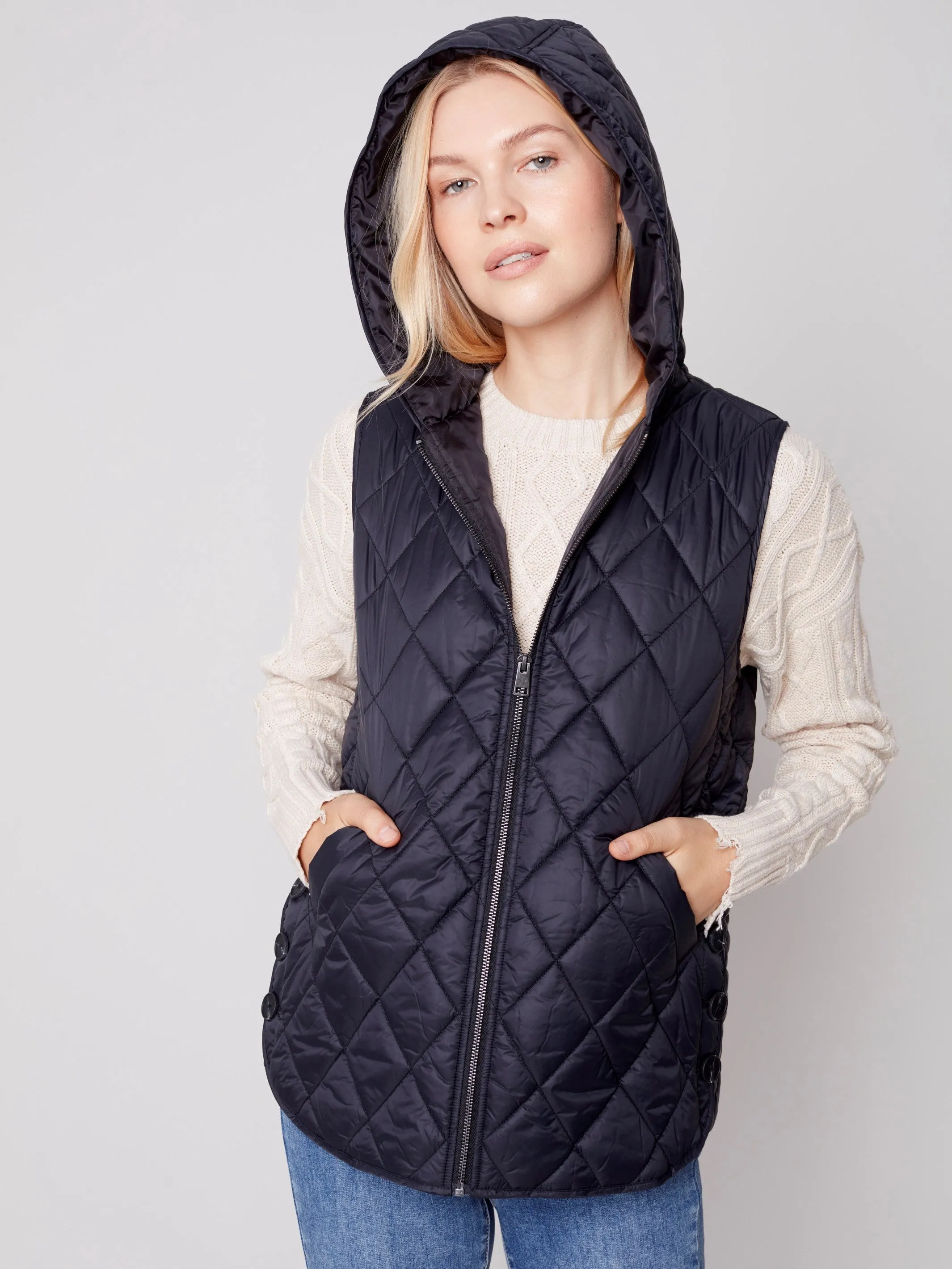 Quilted Puffer Vest with Hood - Black