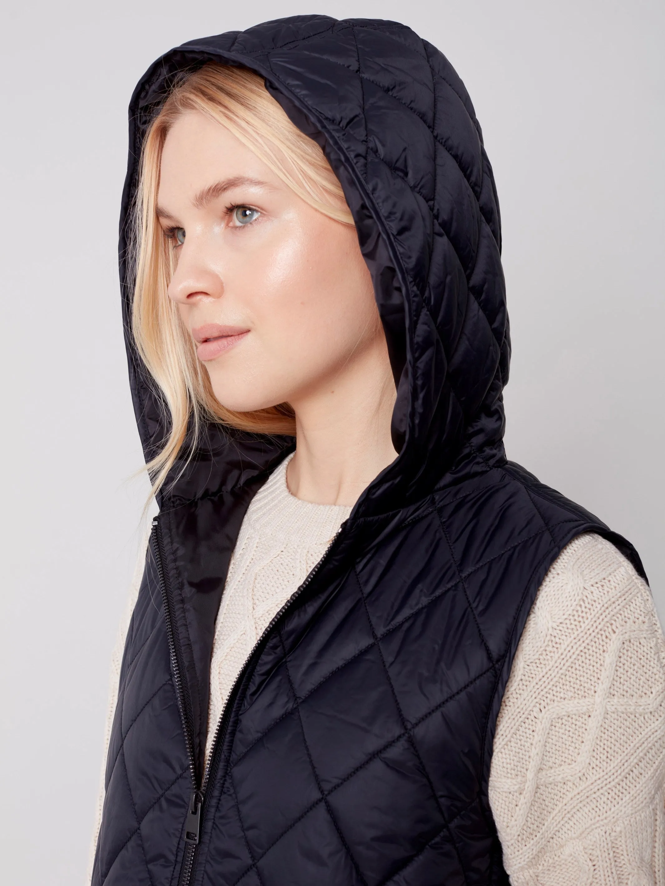 Quilted Puffer Vest with Hood - Black