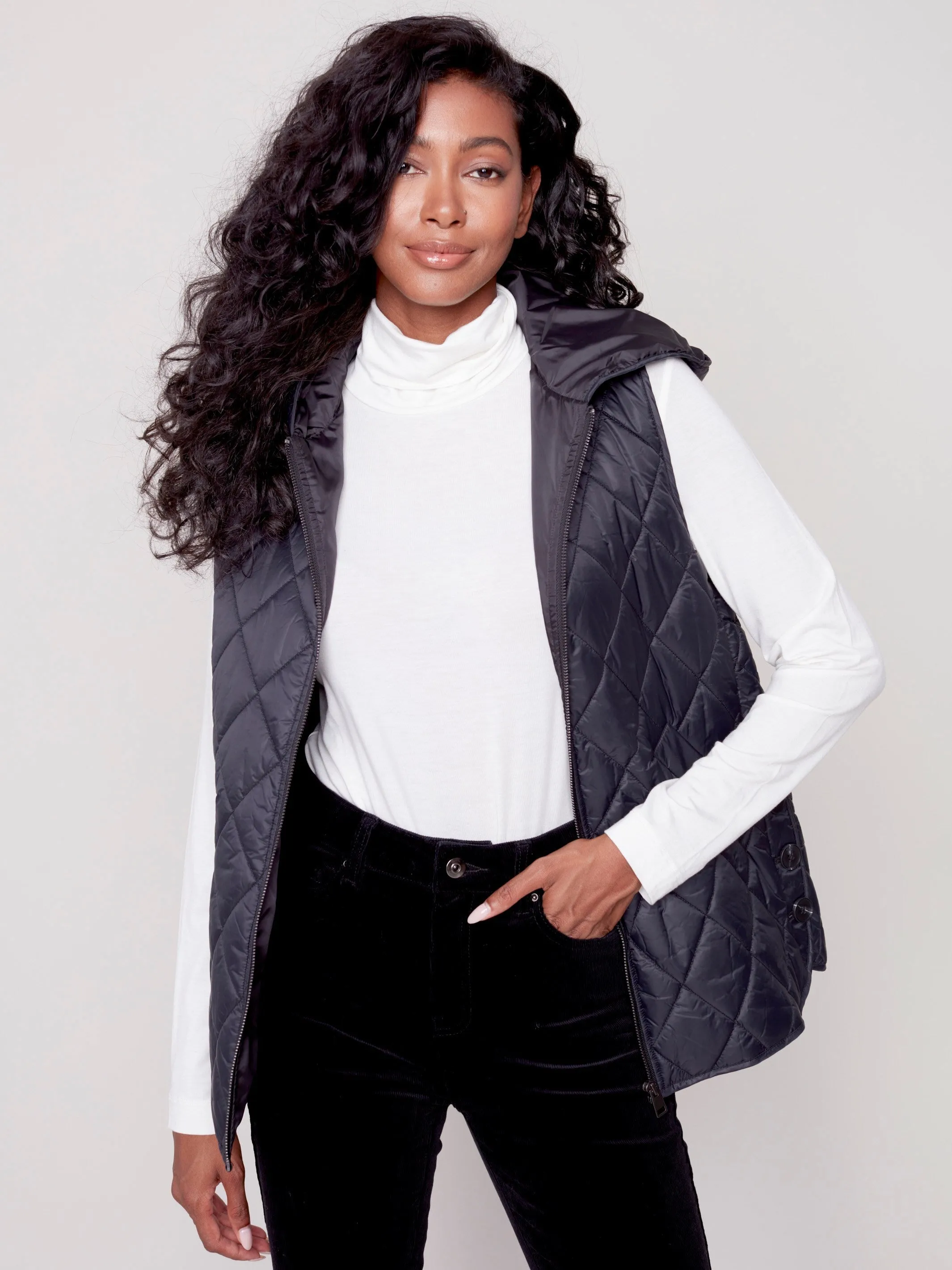 Quilted Puffer Vest with Hood - Black
