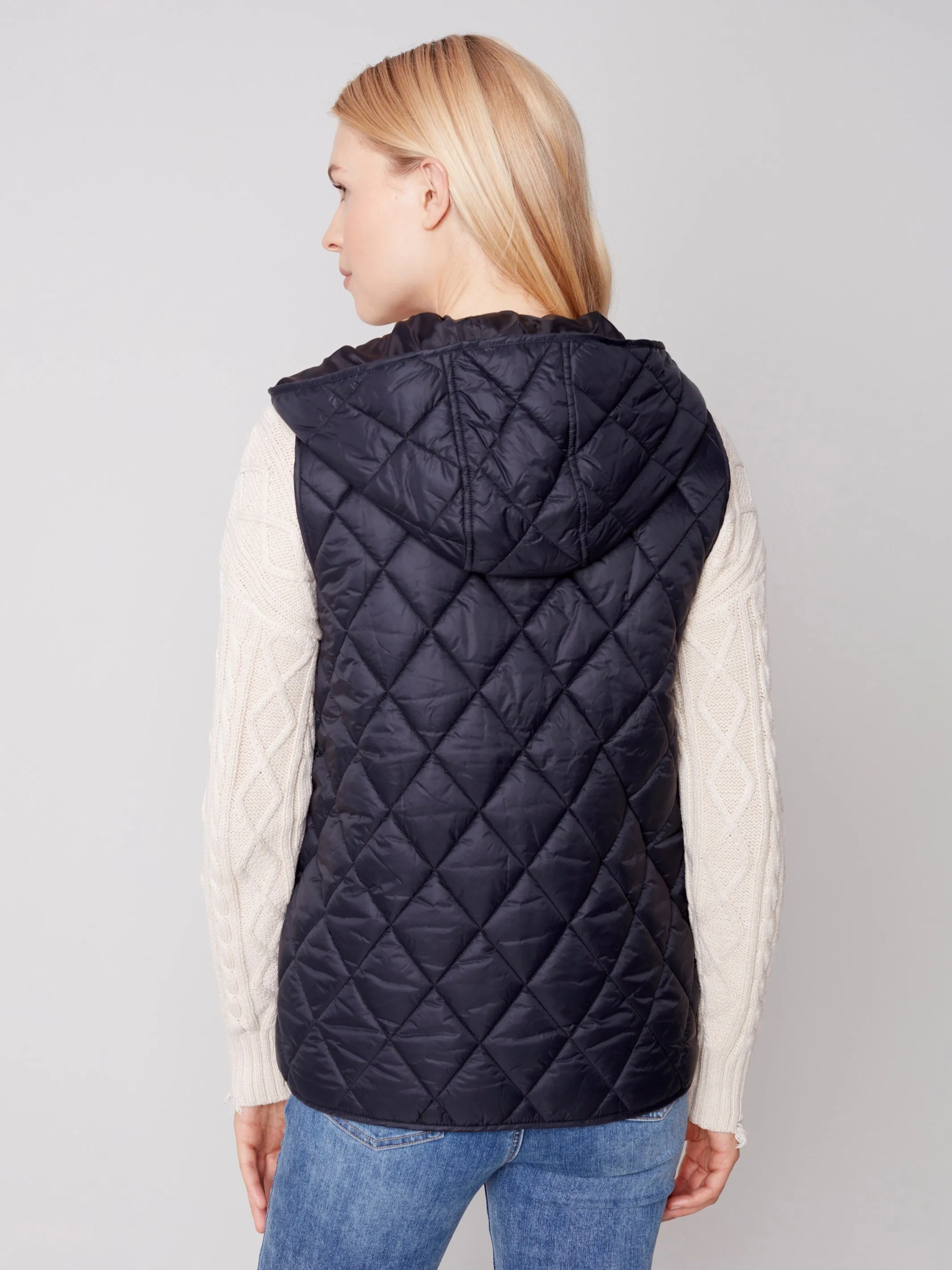 Quilted Puffer Vest with Hood - Black
