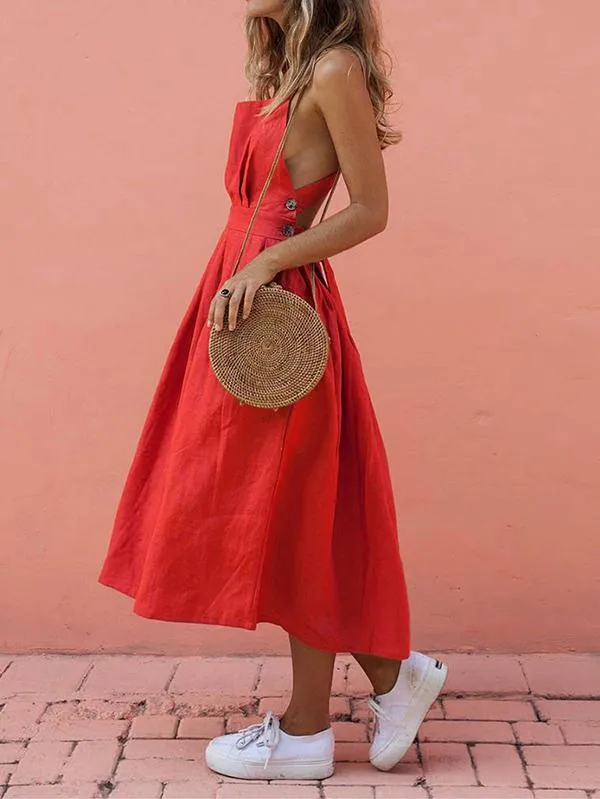 Red Fashion Sleeveless Midi Dress