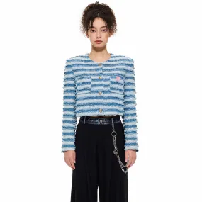 Ripped Stripe Denim Jacket in Blue