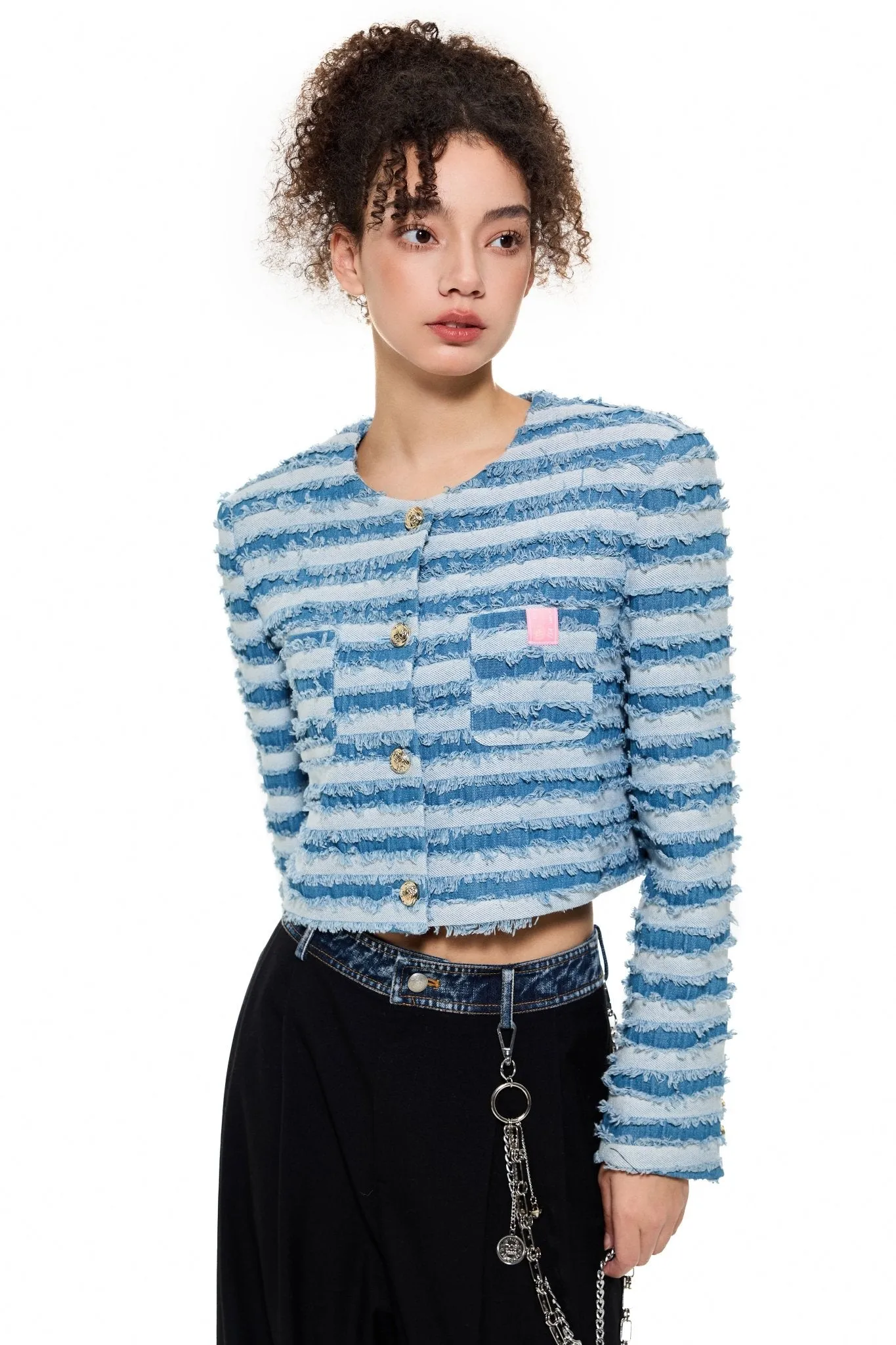 Ripped Stripe Denim Jacket in Blue