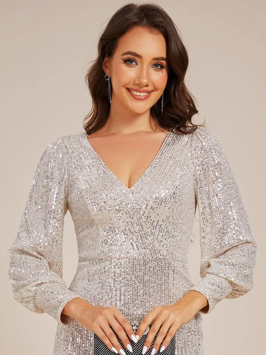 Sequin V-Neck Bodycon Midi Wedding Guest Dress with Long Sleeves