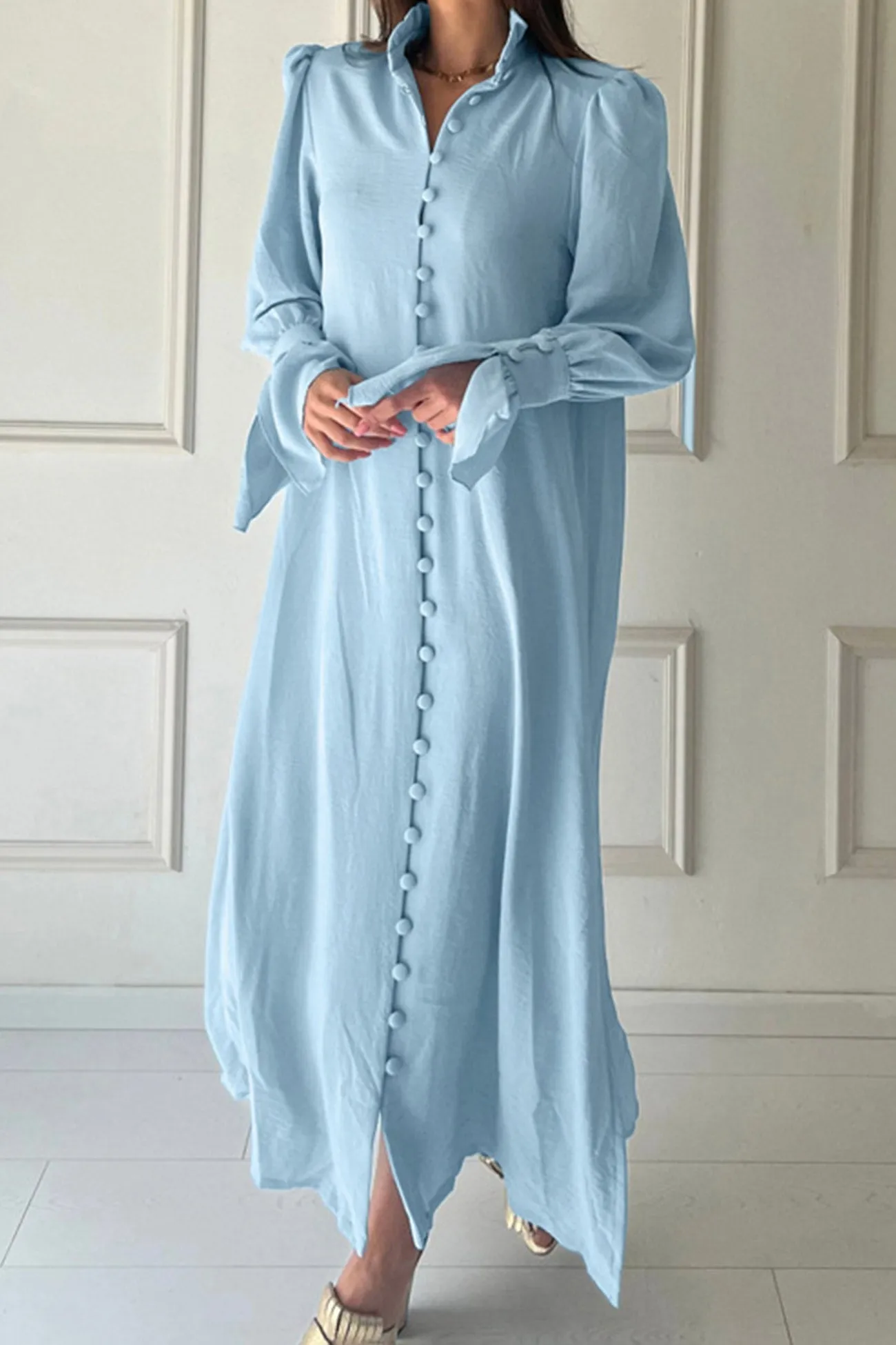 Stand Neck Single-breasted Shirt Dress