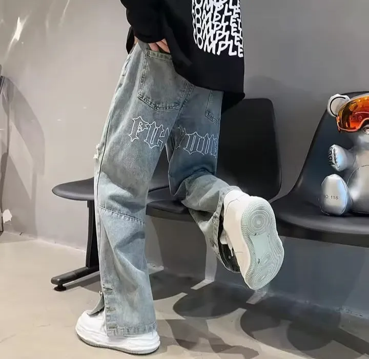 Streetwear Pants Letter Embroidery Hip Hop Jeans Fashion Straight Loose Casual Trousers   S4605359